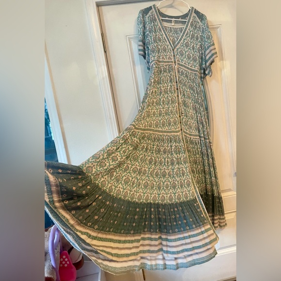 Spell & The Gypsy Free People Oracle gown green Maxi Dress lurex rayon med Rare - Picture 7 of 10